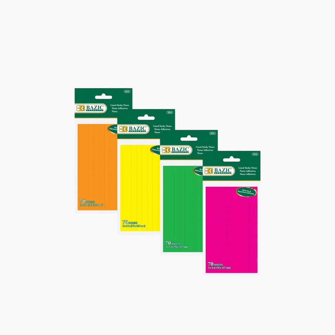 Bazic 70-Count 3" X 3" Neon Lined Sticky Notes