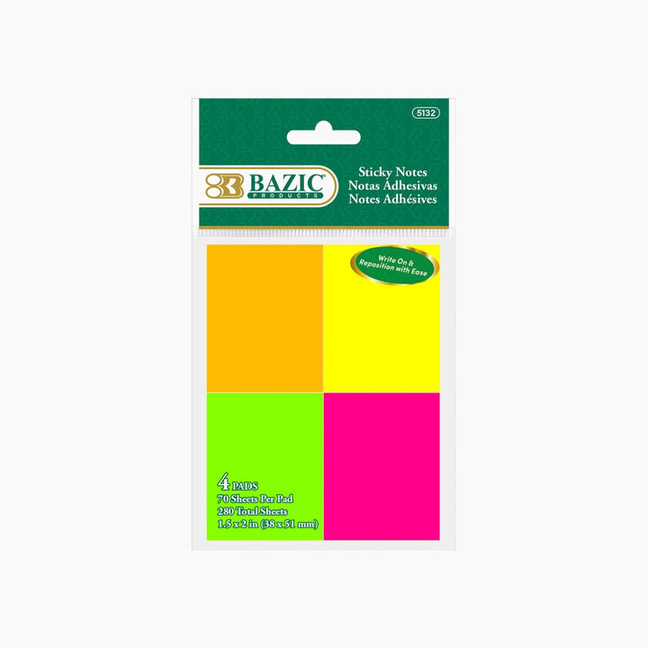 Bazic 70-Count 1.5" X 2" Neon Sticky Notes 4-Pack