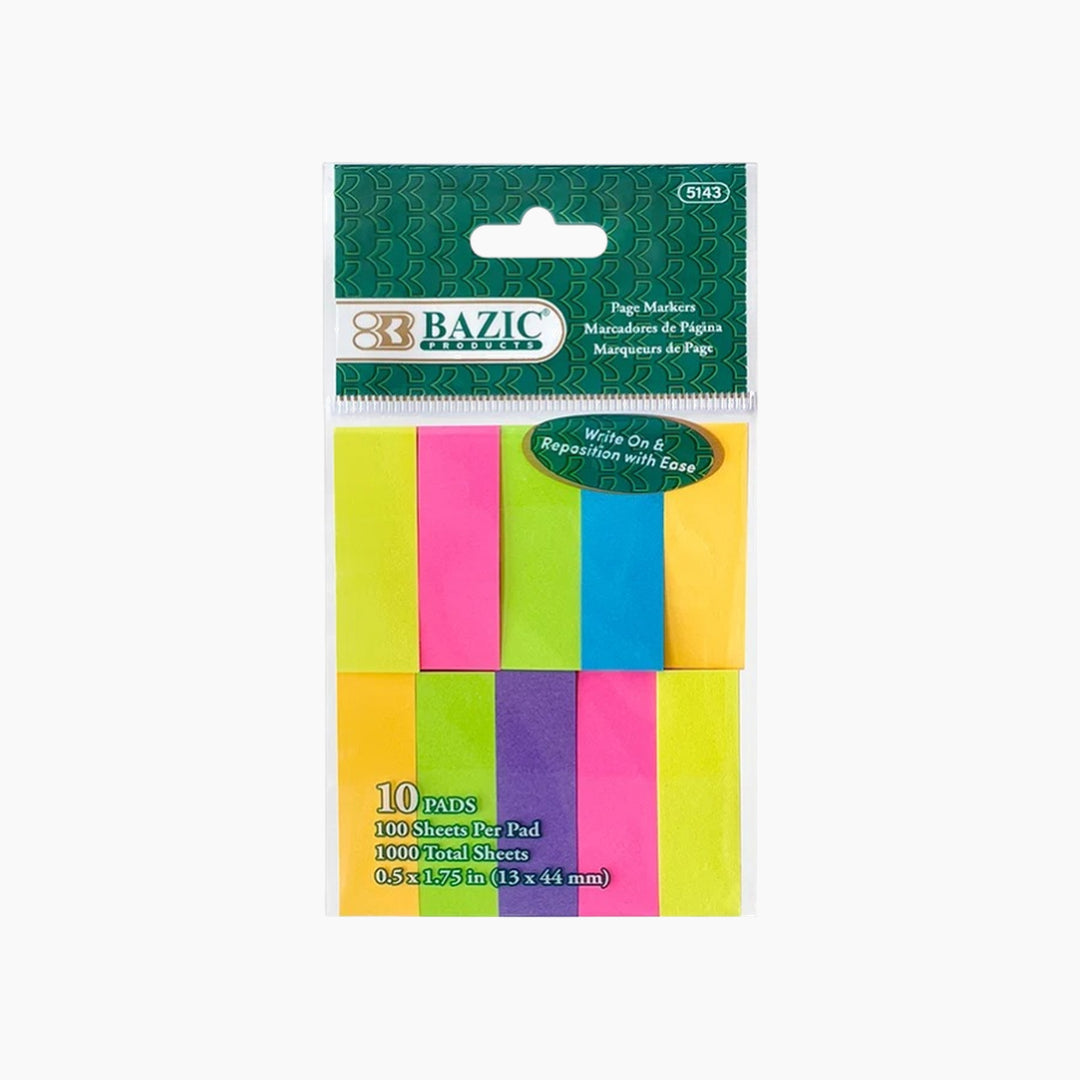 Bazic 100-Count 0.5" X 1.75" Neon Page Markers 10-Pack