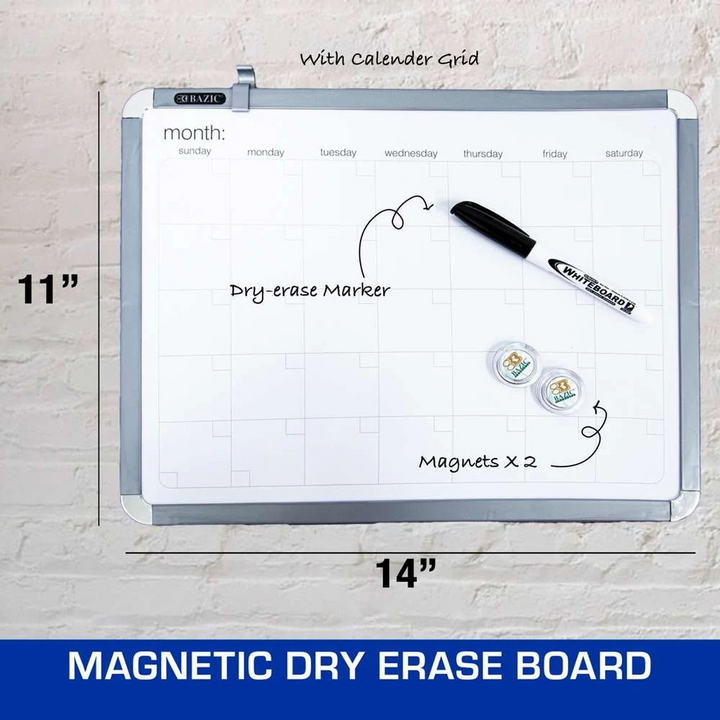 Bazic 11" X 14" Classique Magnetic Dry Erase Calendar Board With Marker &amp; 2 Magnets