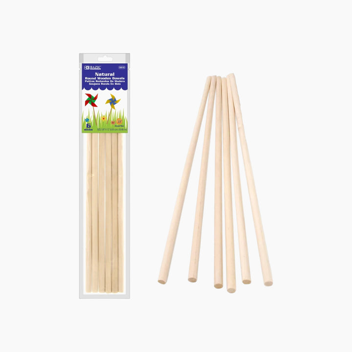 Bazic 3/8" x 12" Round Natural Wooden Dowel 6-Pack