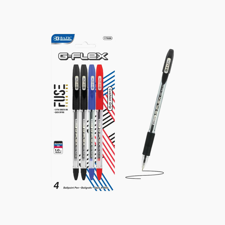Bazic G-Flex Assorted Color Fuse Tech Ink Pen With Cushion Grip 4-Pack