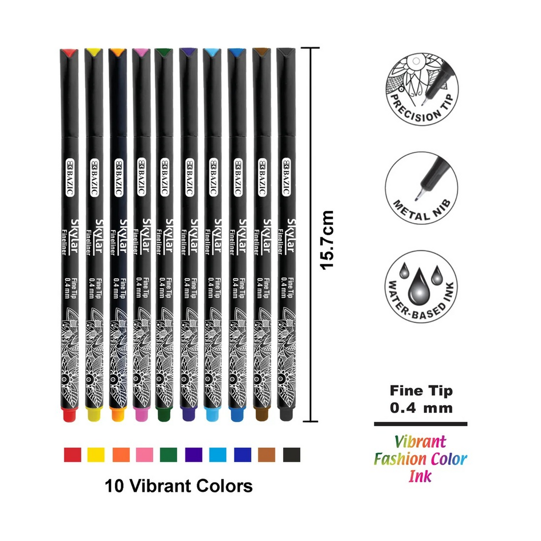 Bazic 10 Color Skylar 0.4 Mm Fineliner Pen