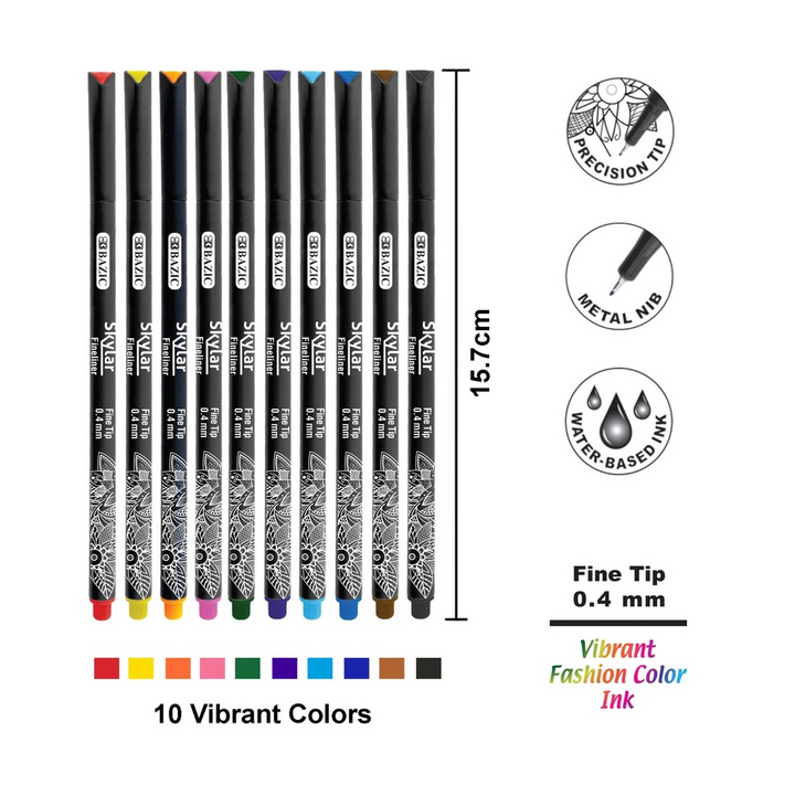 Bazic 10 Color Skylar 0.4 Mm Fineliner Pen