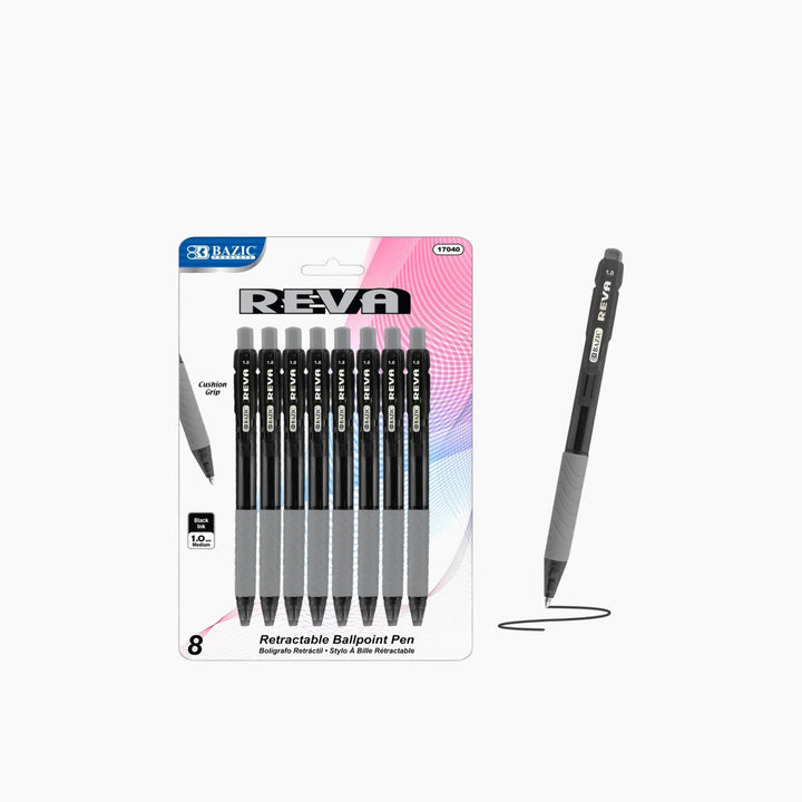 Bazic Reva Black Color Retractable Pen With Cushion Grip 8-Pack