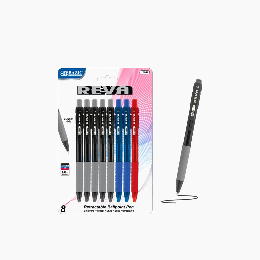 Bazic Reva Assorted Color Retractable Pen With Cushion Grip 8-Pack