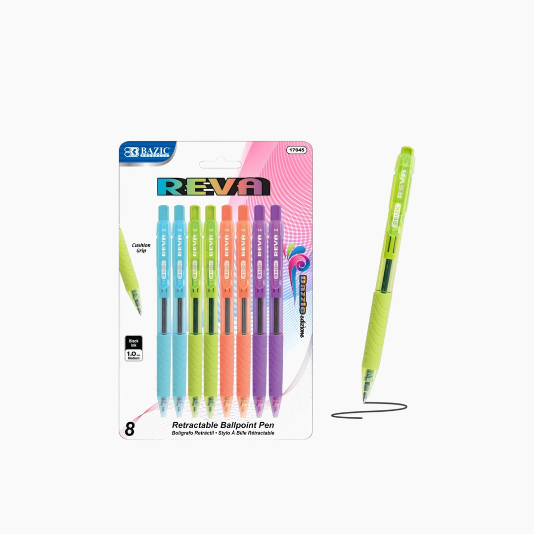 Bazic Reva Dazzle Black Color Retractable Pen With Cushion Grip 8-Pack