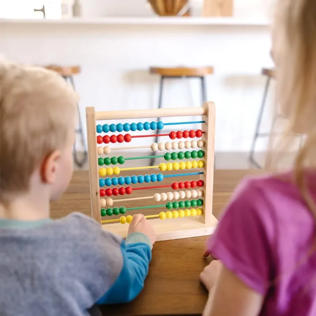 Wooden abacus with 100 colorful beads on a hardwood base