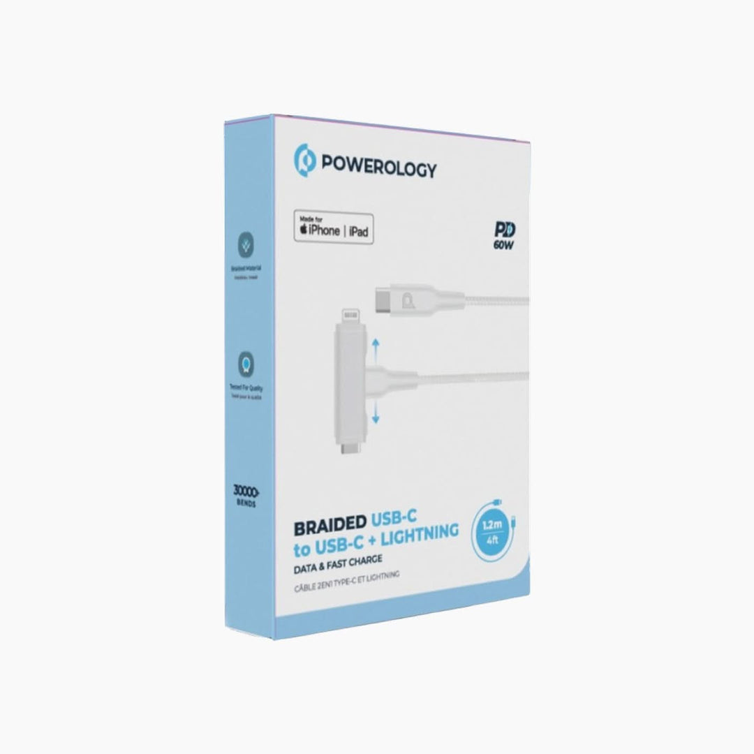 Powerology 2-in-1 braided USB-C to USB-C and Lightning cable, 1.2m
