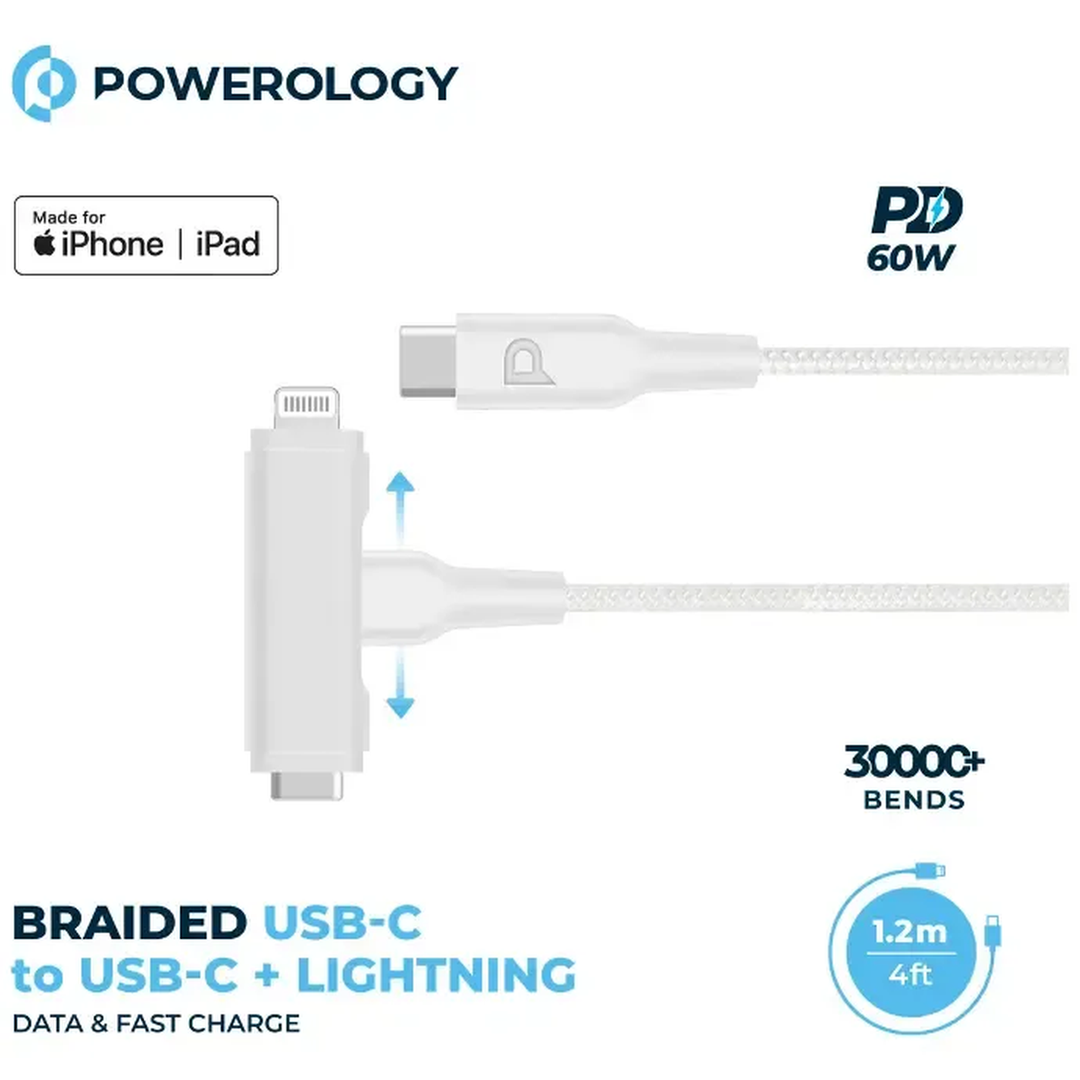 Powerology 2-in-1 braided USB-C to USB-C and Lightning cable, 1.2m
