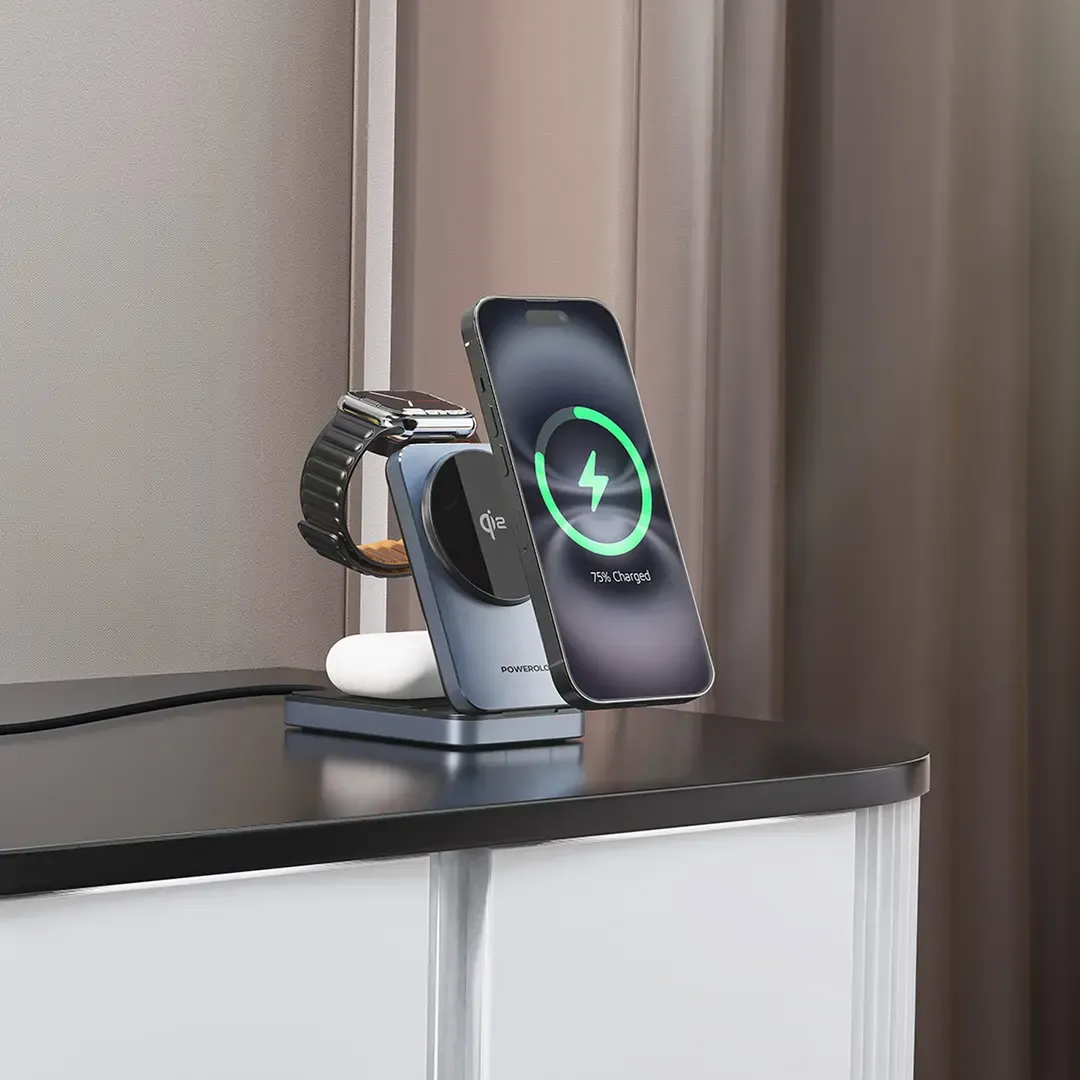 Powerology Foldable 3-in-1 Qi2 Fast Charging Hub with Type-C input