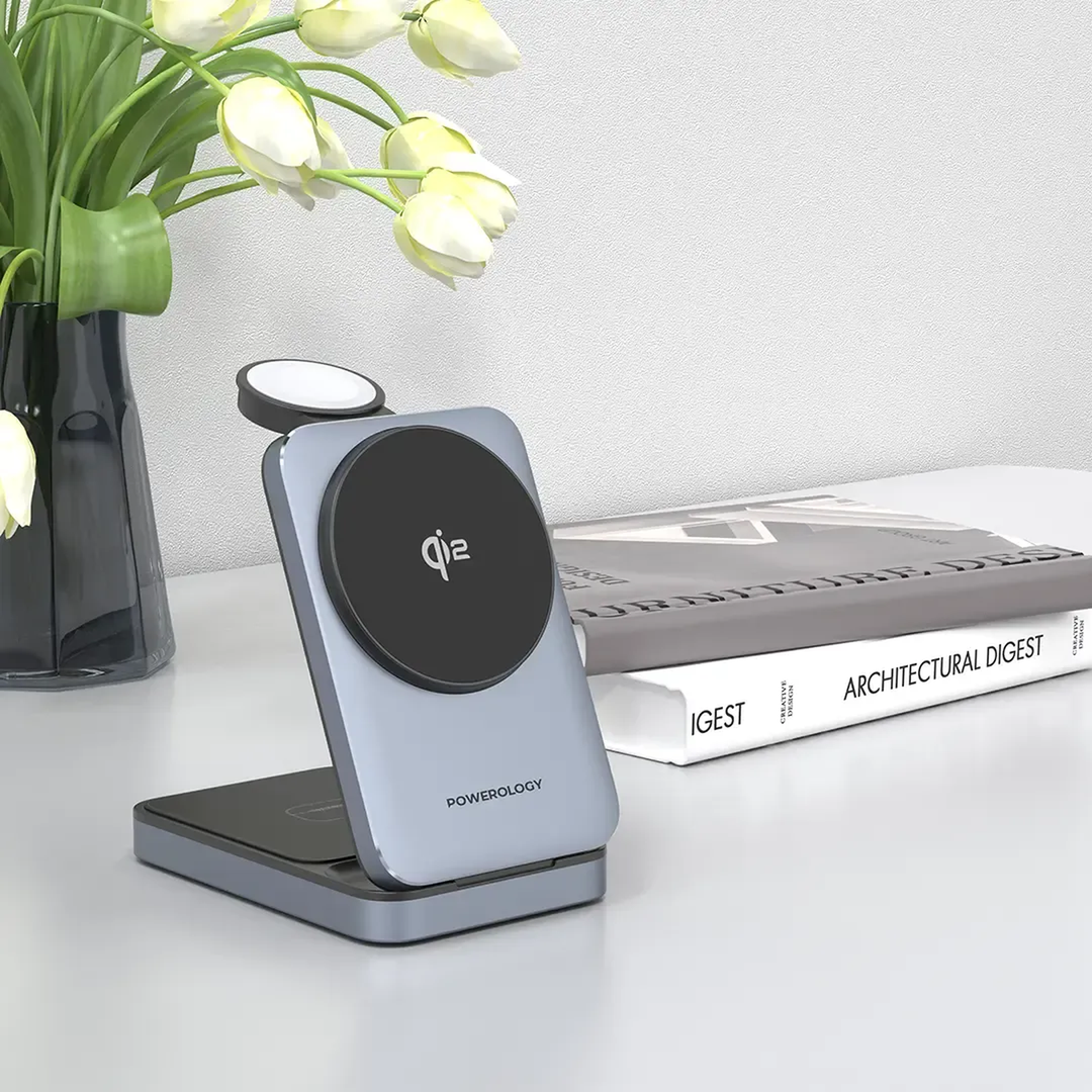Powerology Foldable 3-in-1 Qi2 Fast Charging Hub with Type-C input