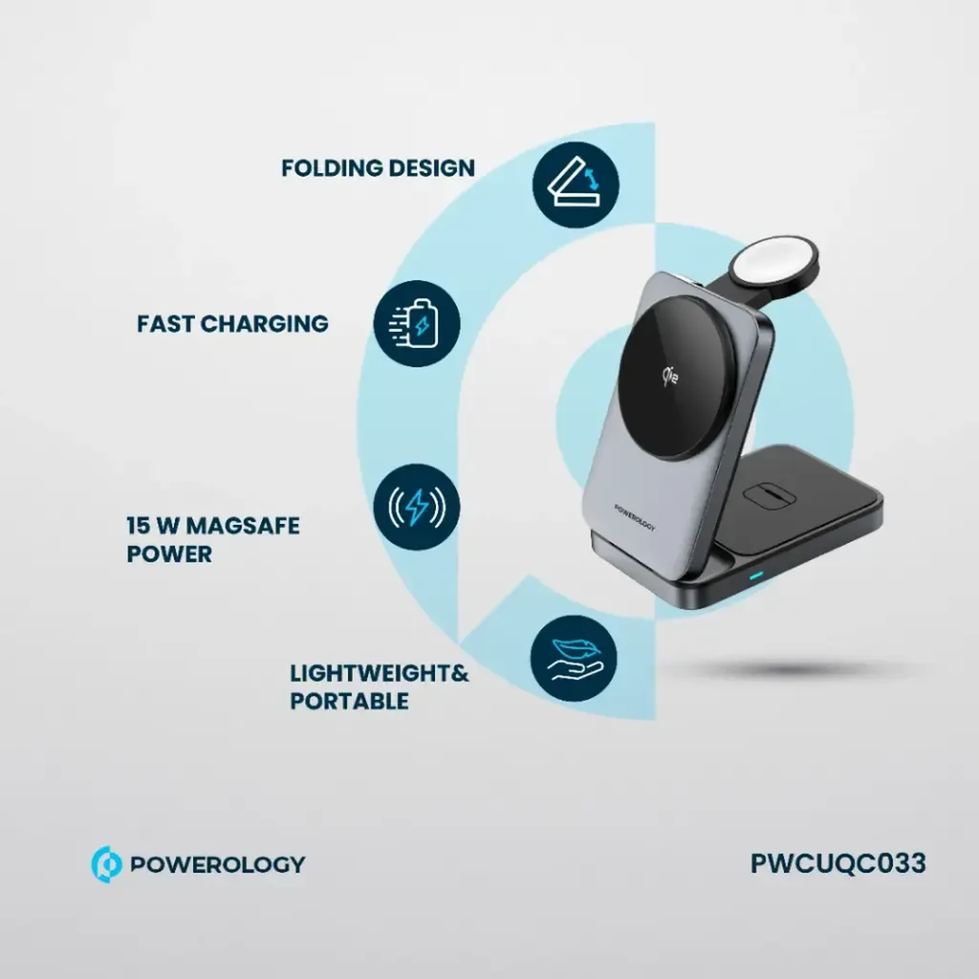 Powerology Foldable 3-in-1 Qi2 Fast Charging Hub with Type-C input