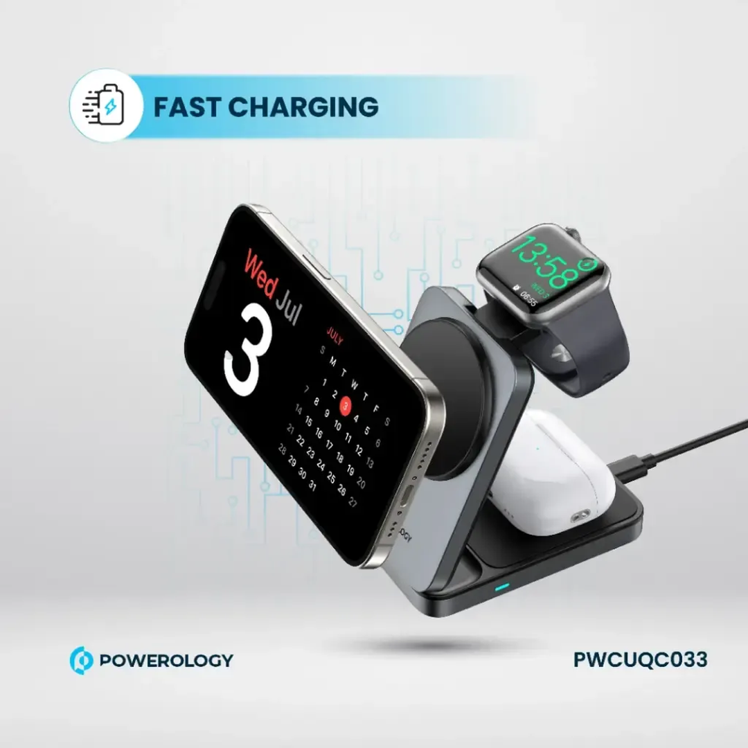 Powerology Foldable 3-in-1 Qi2 Fast Charging Hub with Type-C input