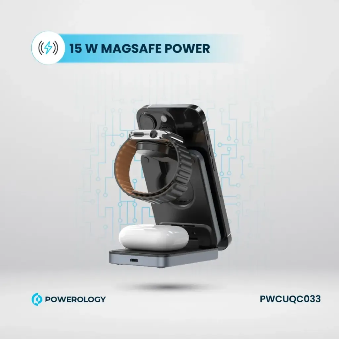 Powerology Foldable 3-in-1 Qi2 Fast Charging Hub with Type-C input