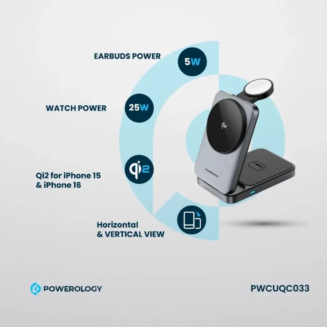 Powerology Foldable 3-in-1 Qi2 Fast Charging Hub with Type-C input