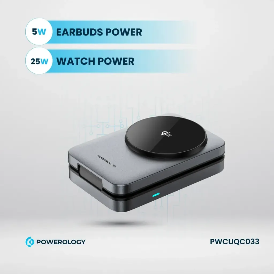 Powerology Foldable 3-in-1 Qi2 Fast Charging Hub with Type-C input