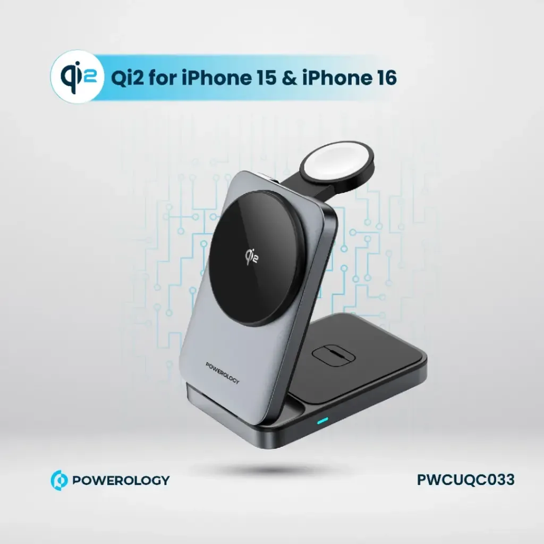 Powerology Foldable 3-in-1 Qi2 Fast Charging Hub with Type-C input