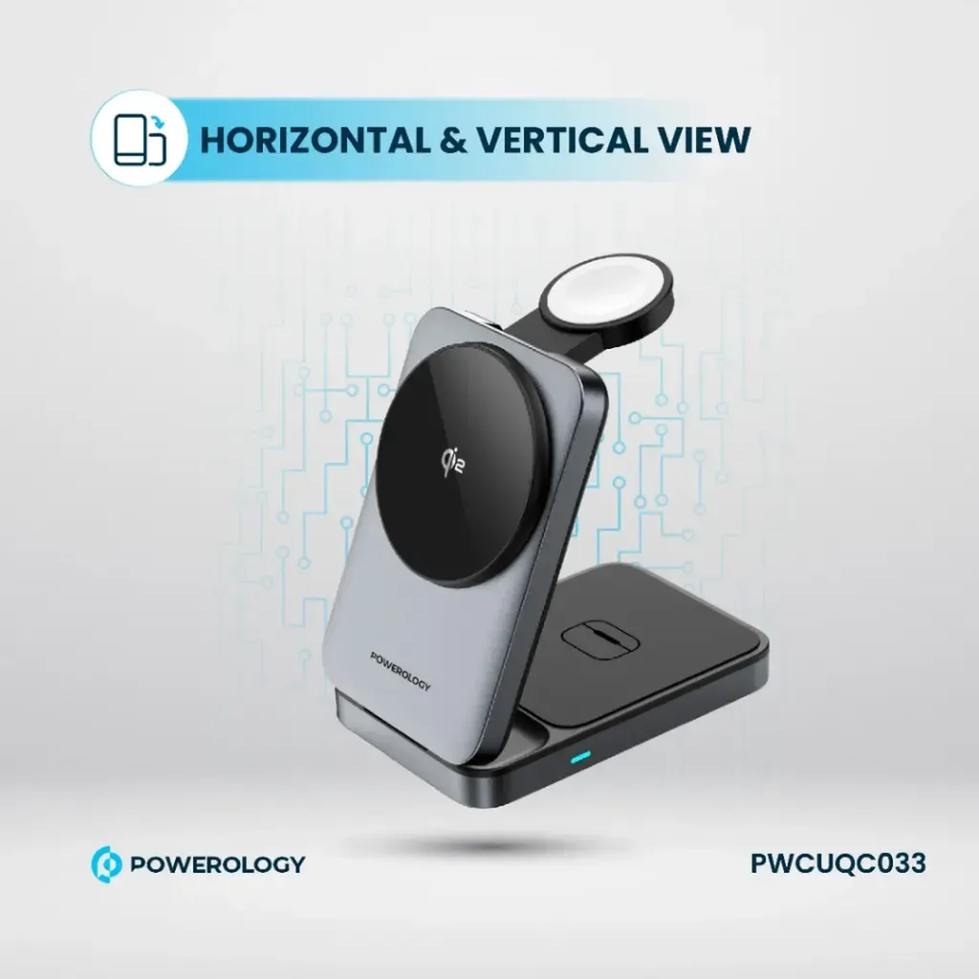 Powerology Foldable 3-in-1 Qi2 Fast Charging Hub with Type-C input