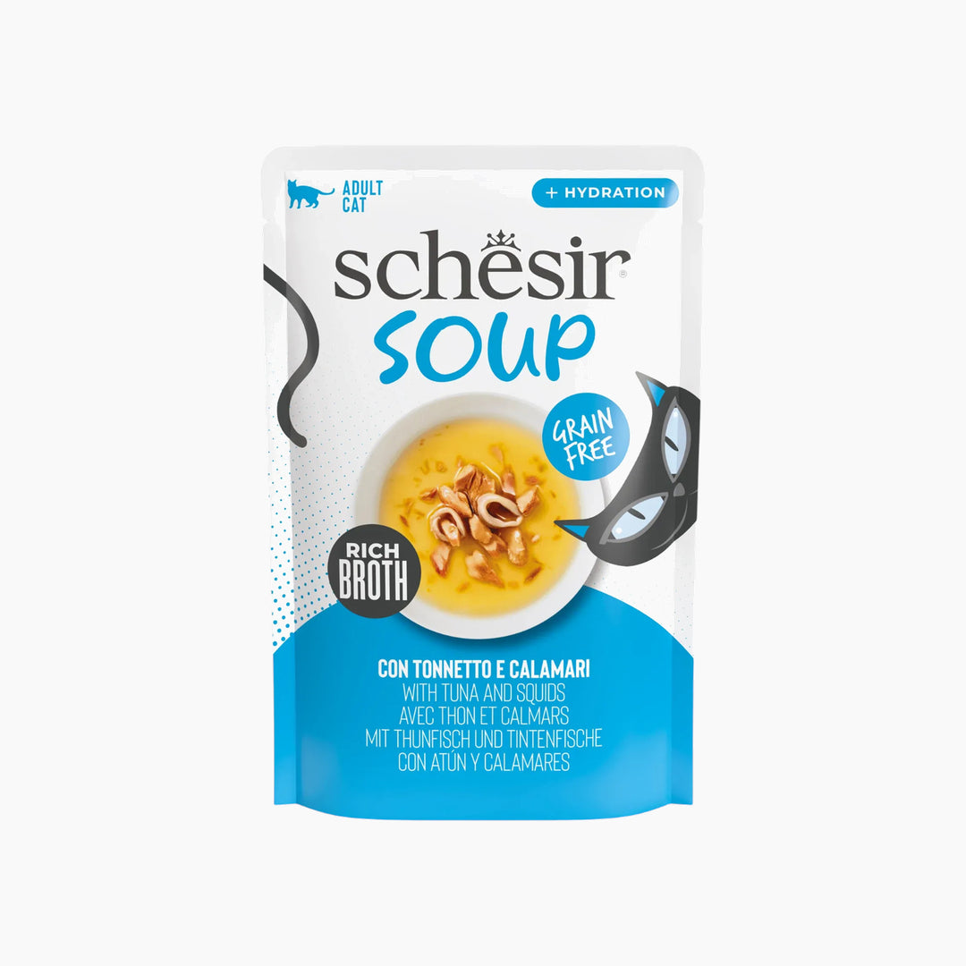 Schesir cat food pouch with tuna and squid