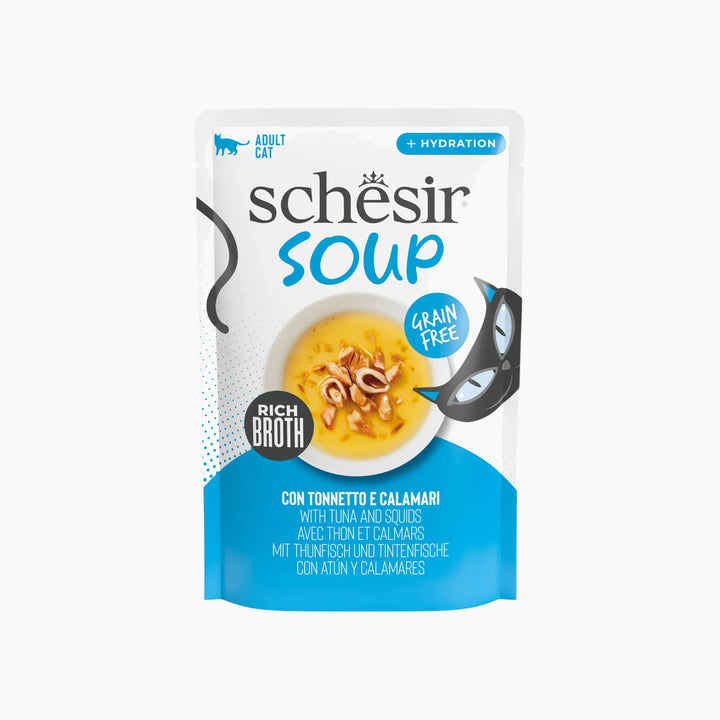 Schesir cat food pouch with tuna and squid