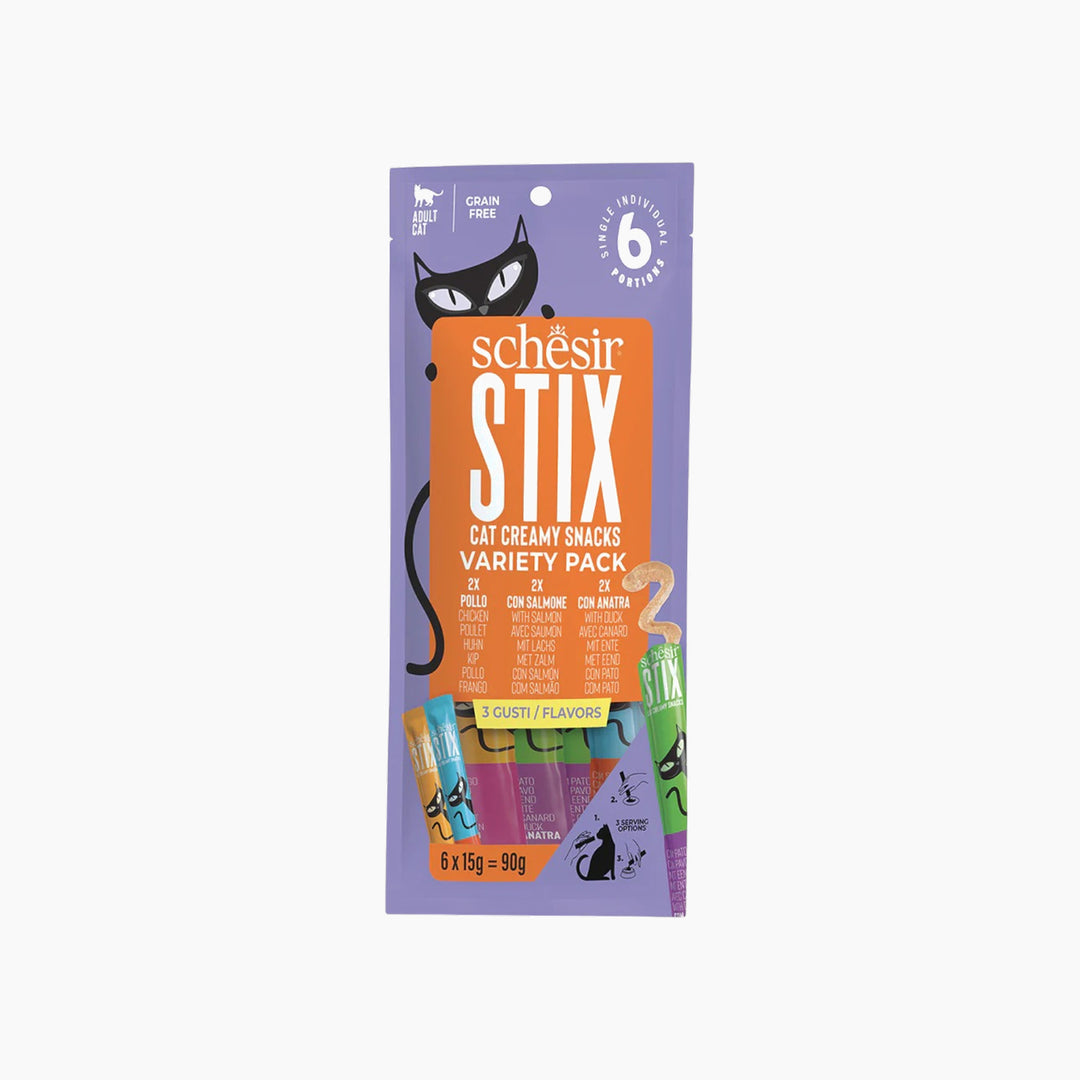 Schesir Stix cat treats variety pack with chicken, duck, and salmon flavors