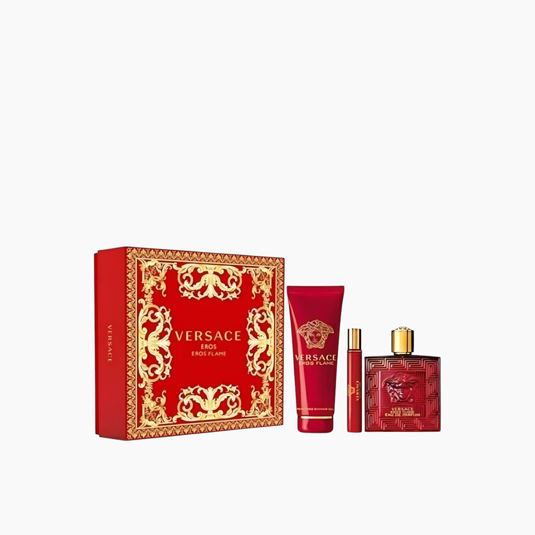 Versace Eros Flame EDP 100Ml + EDP 10Ml + Shower Gel 150Ml Gift Set For Men - HUNA