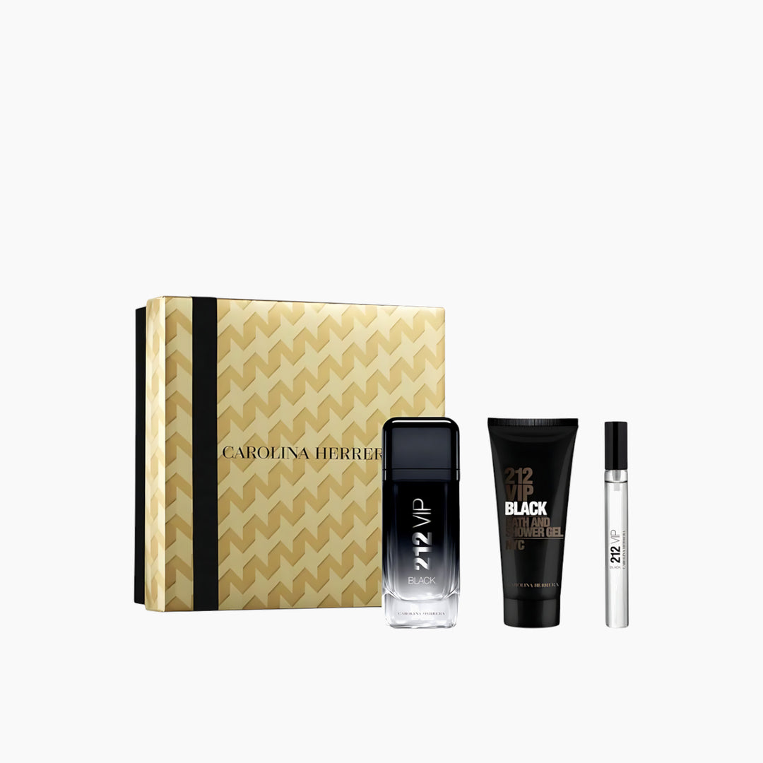 Carolina Herrera 212 VIP Black EDP 100Ml + EDP 10Ml + Shower Gel 100Ml Gift Set For Men - HUNA