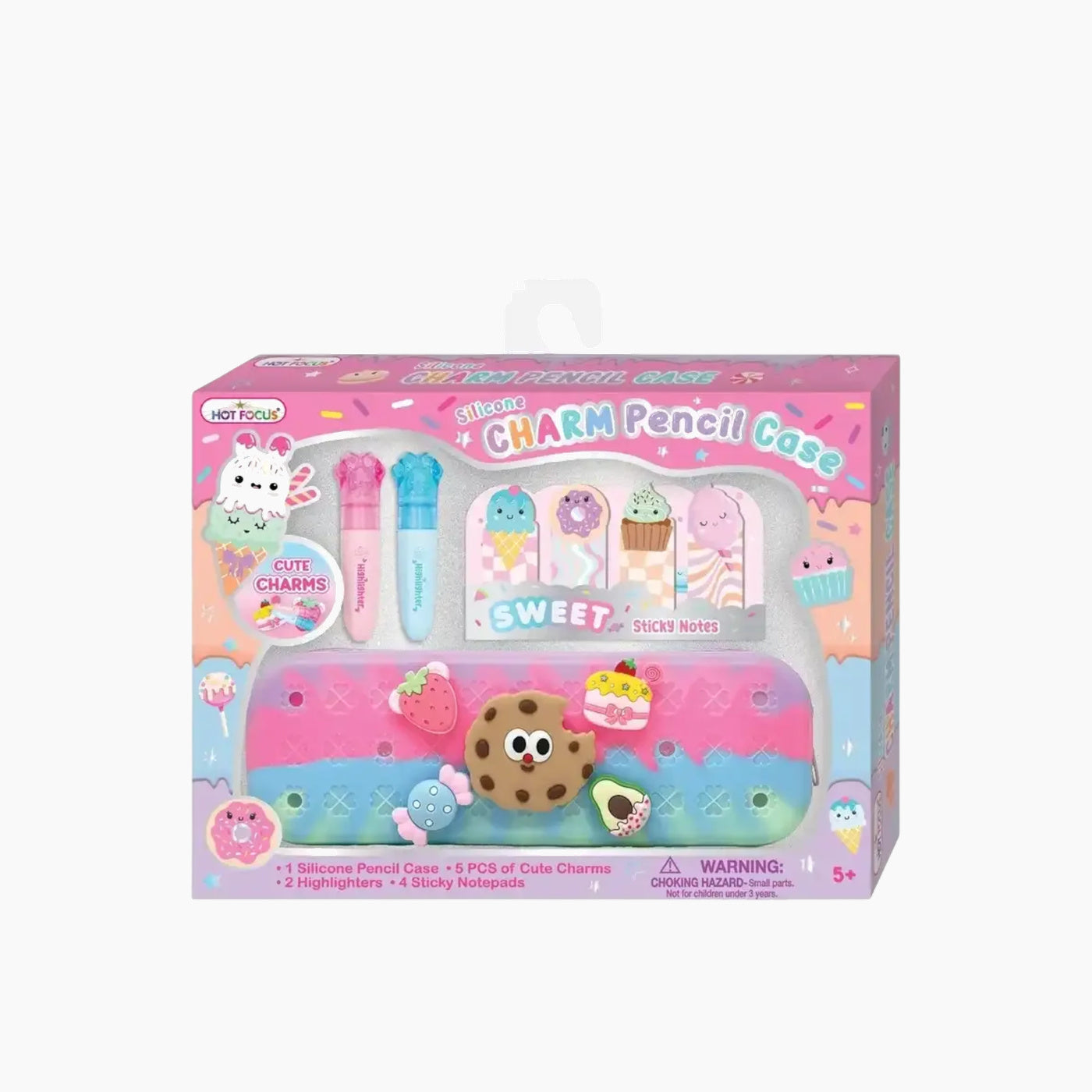 Hot Focus Charm Pencil Case with five novelty charms, mini highlighters, and sticky notepads