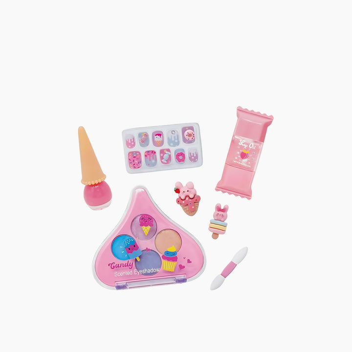 Hot Foucs Shine Accessories - Sweets beauty set with press-on nails, nail polish, eyeshadow, lip oil, and rings