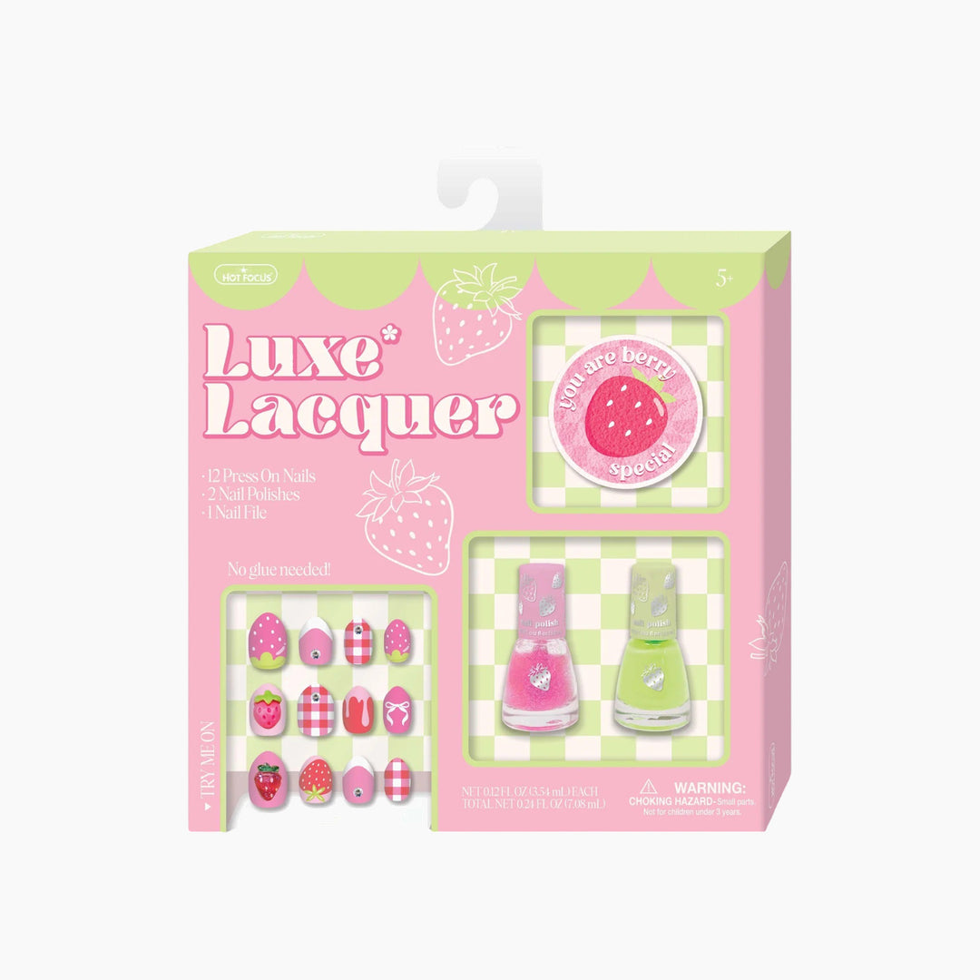 Hot Focus Luxe Lacquer strawberry press-on nails with 3D decorations