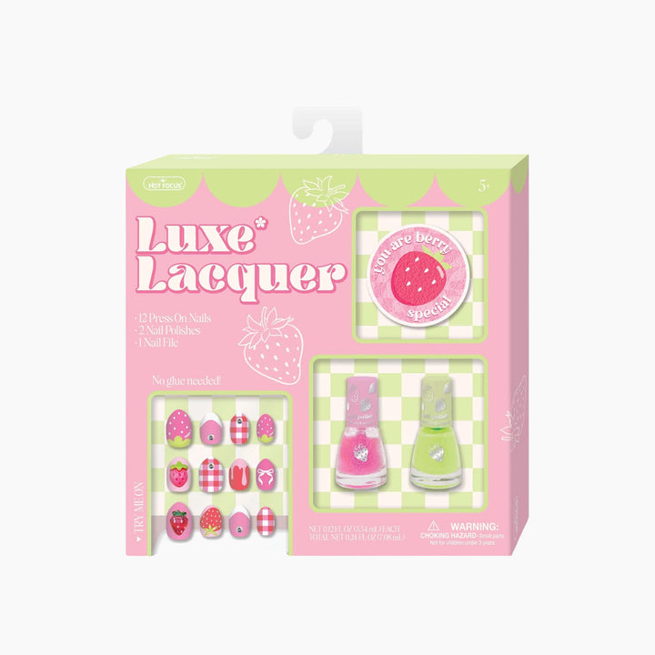 Hot Focus Luxe Lacquer strawberry press-on nails with 3D decorations