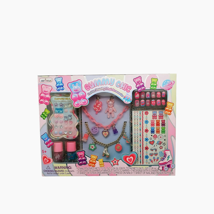 Hot Foucs Gummy Chic Gummy Bear nail polish set with pink and blue shades.