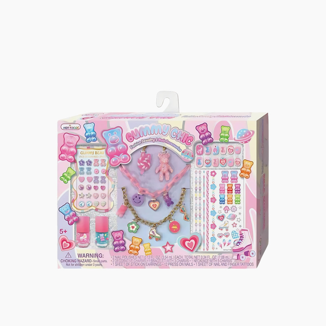 Hot Foucs Gummy Chic Gummy Bear nail art kit with pink and blue polish