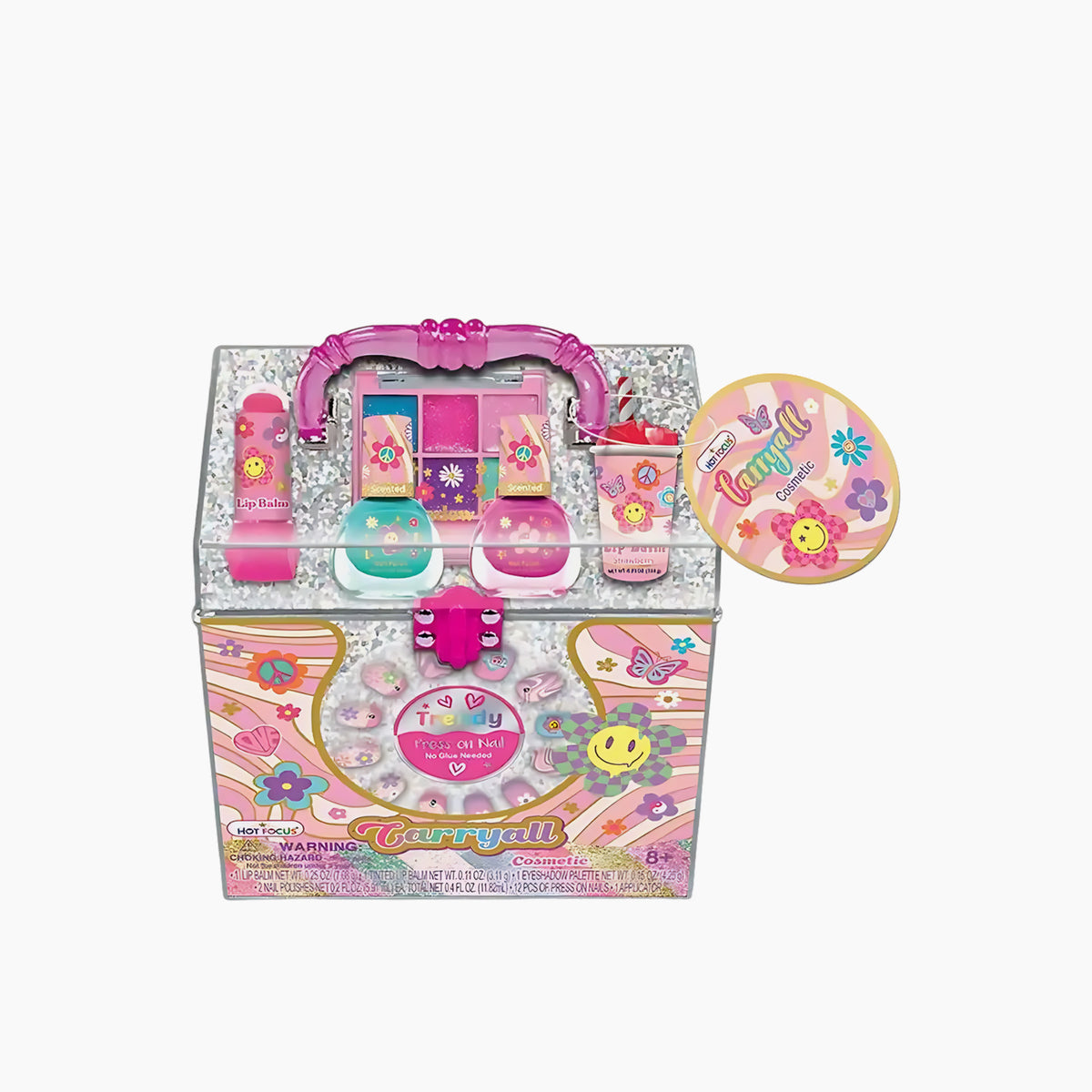 Hot Focus Groovy Flower carryall cosmetic set in an acrylic case