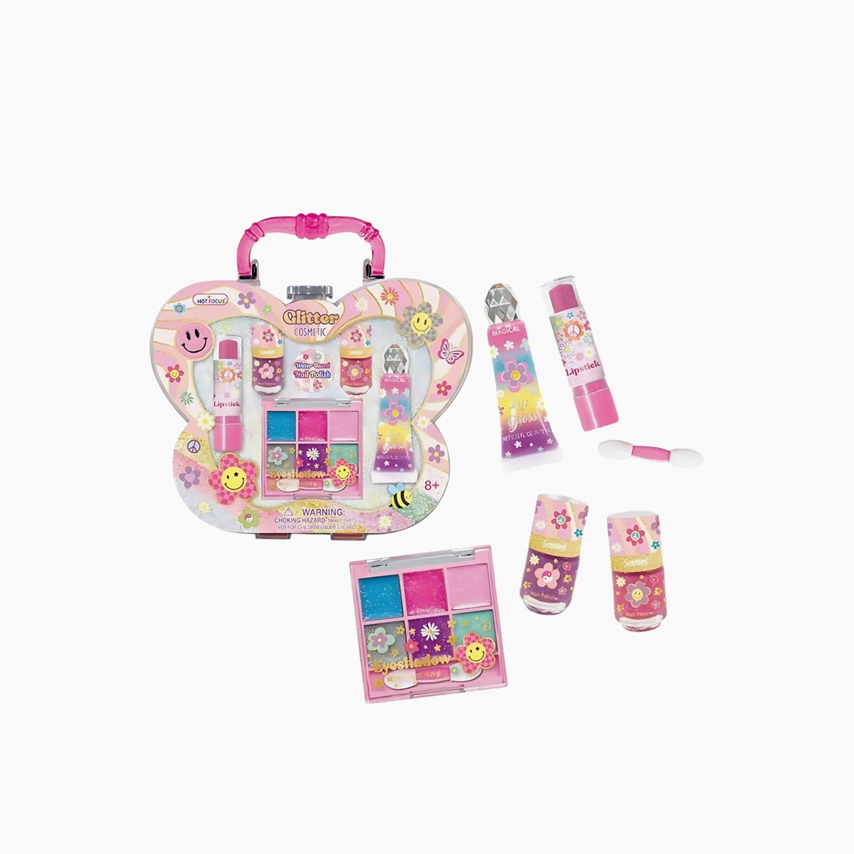 Hot Focus Groovy Flower glitter cosmetic case with makeup