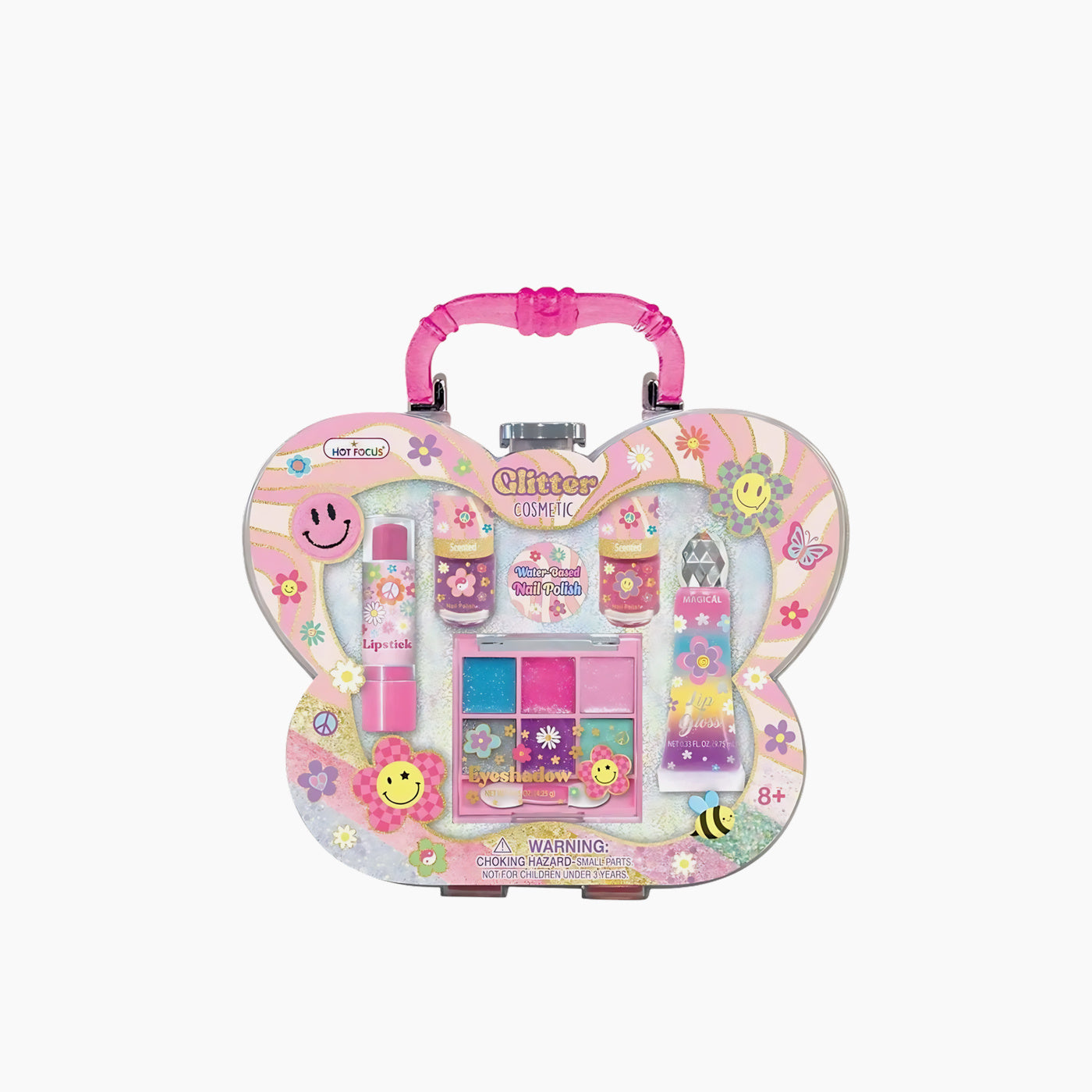 Hot Focus Groovy Flower glitter cosmetic case with makeup