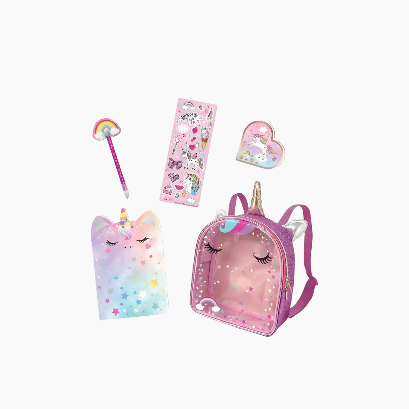 Hot Focus Unicorn mini backpack with stickers, journal, pen, and notepad