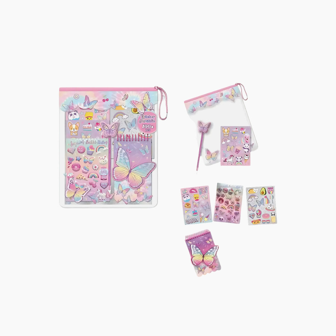 Hot Focus Tie Dye Butterfly sticker portfolio with reusable bag, notebook, and pen