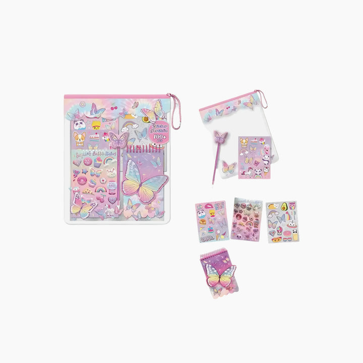 Hot Focus Tie Dye Butterfly sticker portfolio with reusable bag, notebook, and pen