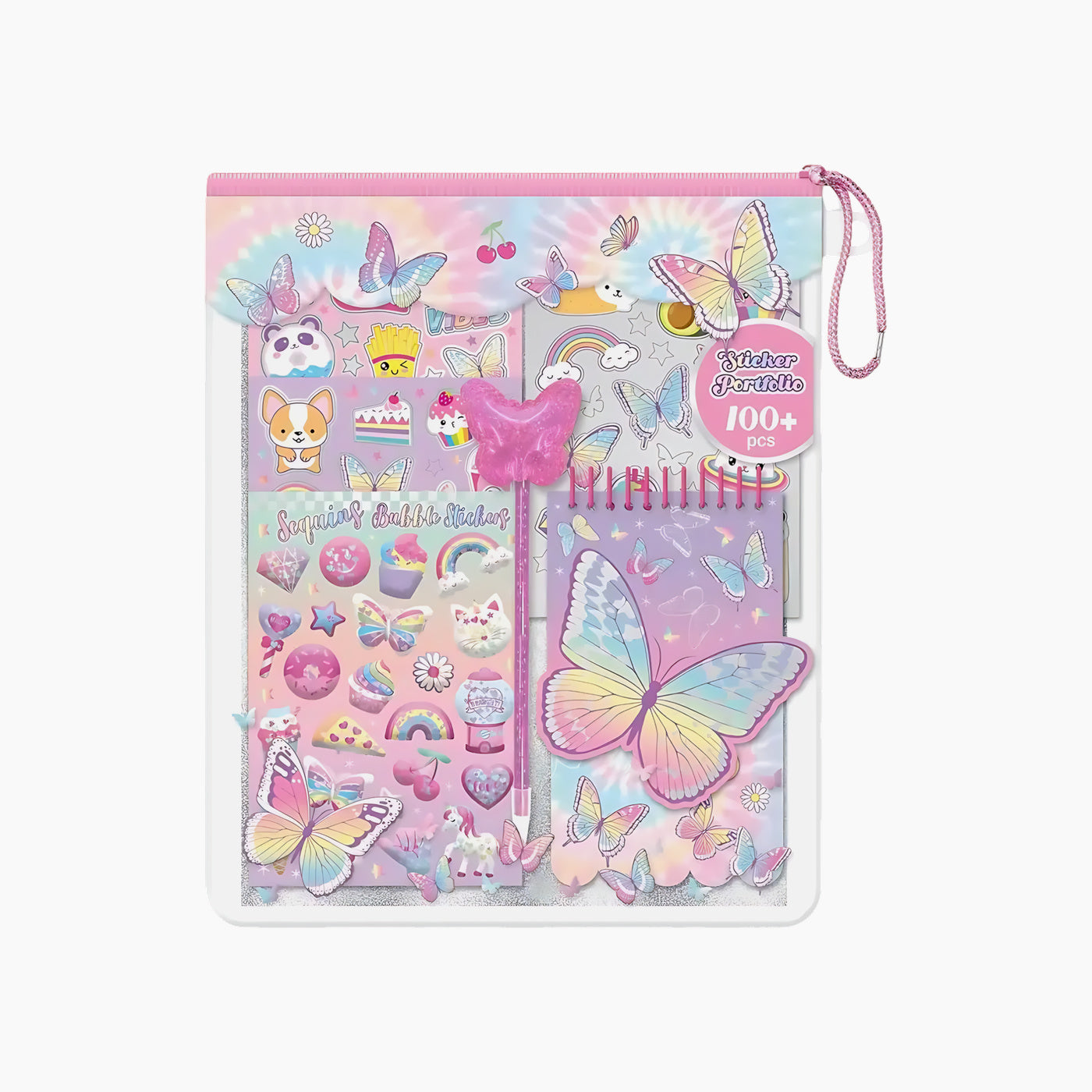 Hot Focus Tie Dye Butterfly sticker portfolio with reusable bag and notebook
