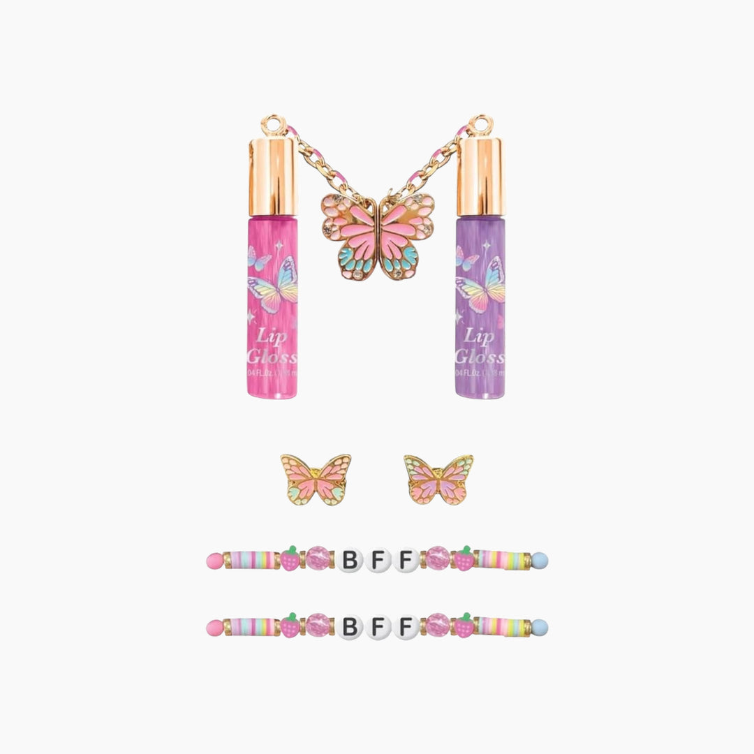 Tie dye butterfly beauty kit with lip glosses and rings
