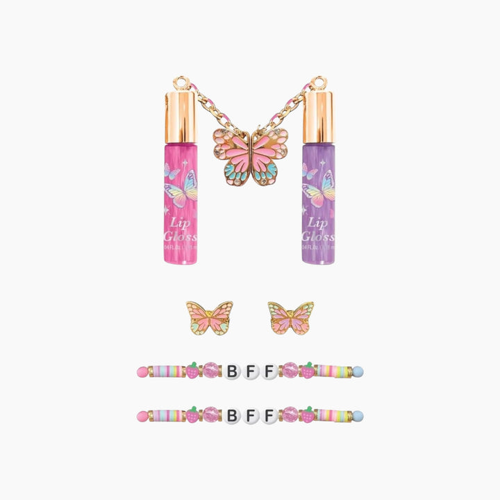 Tie dye butterfly beauty kit with lip glosses and rings