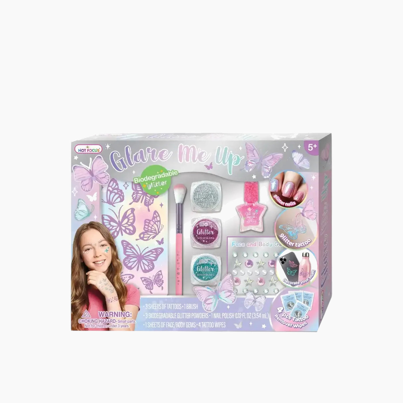 Hot Foucs Glare Me Up Tie Dye Butterfly cosmetic kit with face stickers, nail polish, temporary tattoos, and biodegradable glitter.