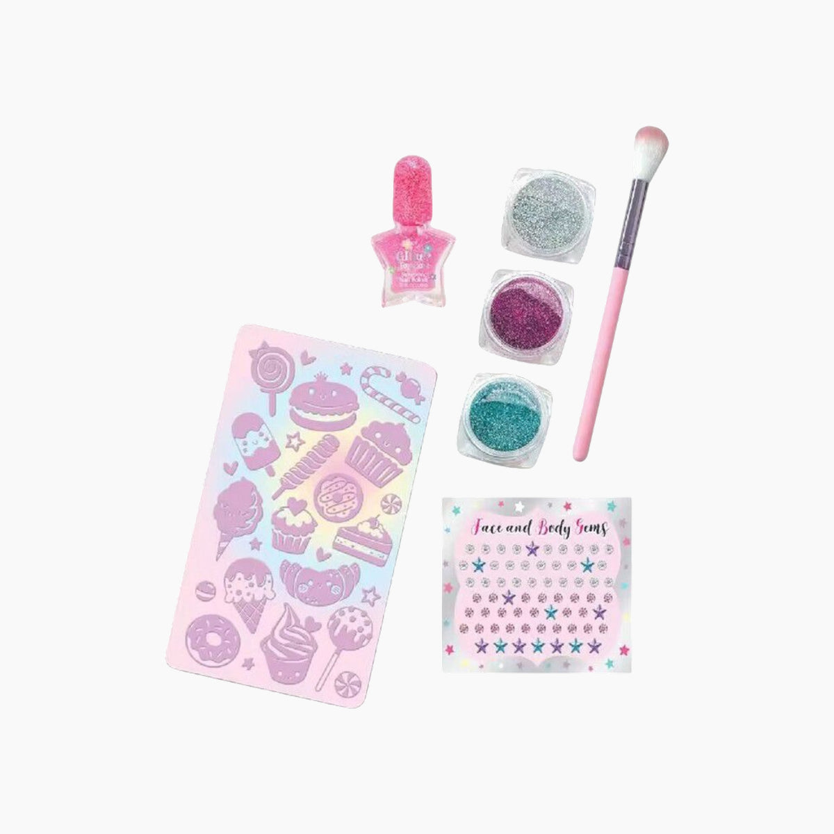 Tie dye butterfly cosmetic kit with face stickers, nail polish, temporary tattoos, and glitter