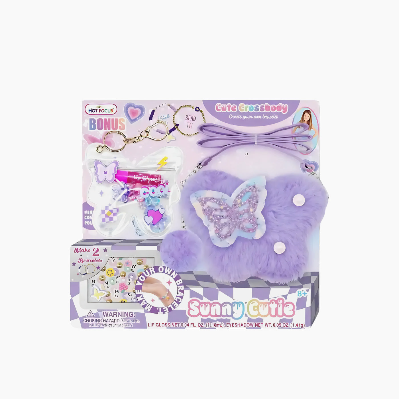 Hot Focus Sunny Cutie makeup crossbody bag set with tie-dye butterfly design