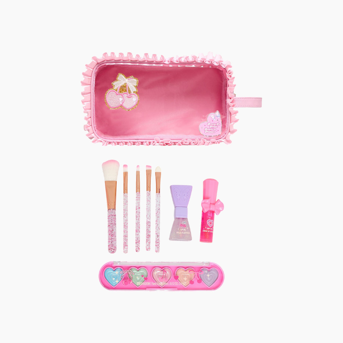Hot Focus Beauty In Trendz Cherry makeup set with glitter brushes and lip oils