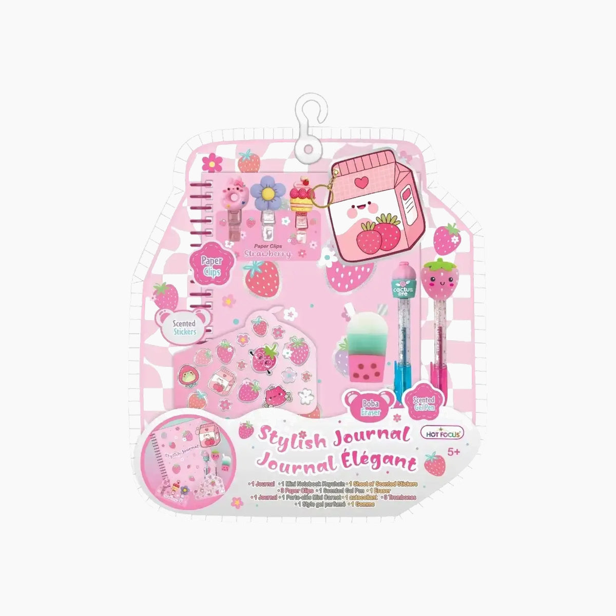 Hot Foucs Stylish Journal - Strawberry with lipstick eraser, sticker sheet, and paper clips