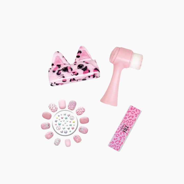 Hot Focus Beauty Spa rainbow design set with headband, nail buffer, facial brush, stickers, gems, and press-on nails