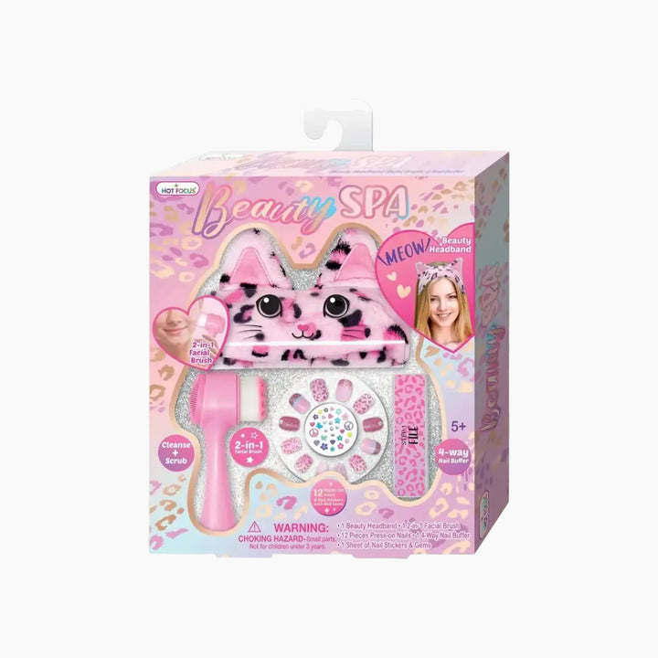 Hot Foucs Beauty Spa leopard design set with beauty headband, nail buffer, facial brush, stickers, gems, and press-on nails